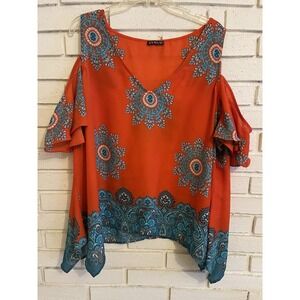 Venus Shirt Women 1X Red Orange Floral V‎ Neck Cold Shoulder Asymmetrical Hem